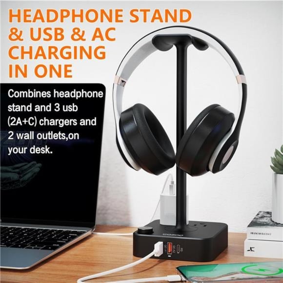 Headphone Stand with USB Charger Desktop Gaming Headset Holder Hanger - Picture 4 of 5